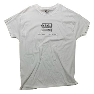 Trip Ventures Hand-Printed Large White Tee on Hanes - Cold Beer Loud Music